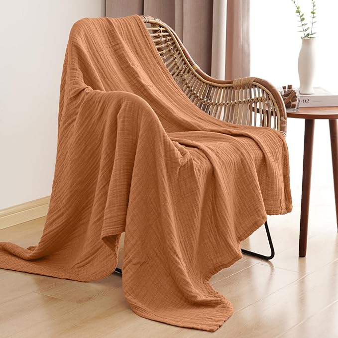 PHF 100% Cotton Muslin Throw Blanket 50" x 60", 4-Layer Lightweight Gauze Throw, Breathable Cloud-Soft Minimalist Blanket for Bed, Couch, Camping & Baby, Caramel, Ideal Gift