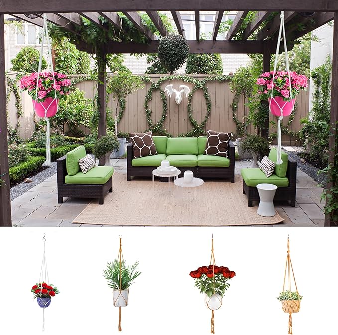 Macrame Plant Hangers Planter Flower Pots Holder 3 Pack Basket Stand Tassels with 6 Hooks Kit Cotton Rope for Decorative Indoor Outdoor Patio Garden Boho Home Décor (POTS NOT Included) (BROWN)