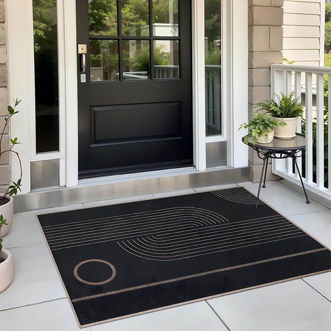 Tangsoo 2x3 Easy Jute Rug for Entryway,Washable Ultra Thin Small Area Rug Non-Slip Black Outdoor Mat, Modern Geometric Line Front Door Carpet for Kitchen Bedroom Porch Doorway Entrance