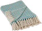 DII Modern Zig Zag Throw Blanket Woven Cotton, Hand-Knotted 2.5" Fringe, 50x60, Teal