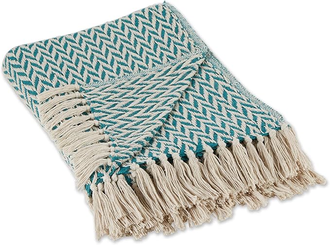 DII Modern Zig Zag Throw Blanket Woven Cotton, Hand-Knotted 2.5" Fringe, 50x60, Teal