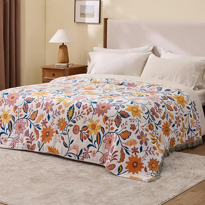 100% Cotton Boho Throw Blanket for Home Decor – Classic Farmhouse Quilt Bedding, Muslin Blankets for Adults, Vintage Woven Decorative Blanket for Couch, Bed Layering Use, Botanic Floral, 90"x90"