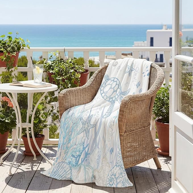 Coastal Sea Turtle Throw Blanket Nautical Beach Fleece Blanket Blue White Ocean Blankets for Couch Bed Tropical Cozy Soft Throw Decoration Warm Gift for Summer, 50 x 60 Inches