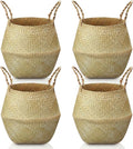 Qunclay 4 Pcs Woven Seagrass Baskets Belly Basket Folding Boho Natural Plant Pot with Handles Round Decorative Wicker Large Indoor Planter for Home Outdoor Tree Planters Decor (XL,12''dx13.8''h)