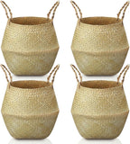 Qunclay 4 Pcs Woven Seagrass Baskets Belly Basket Folding Boho Natural Plant Pot with Handles Round Decorative Wicker Large Indoor Planter for Home Outdoor Tree Planters Decor (XL,12''dx13.8''h)