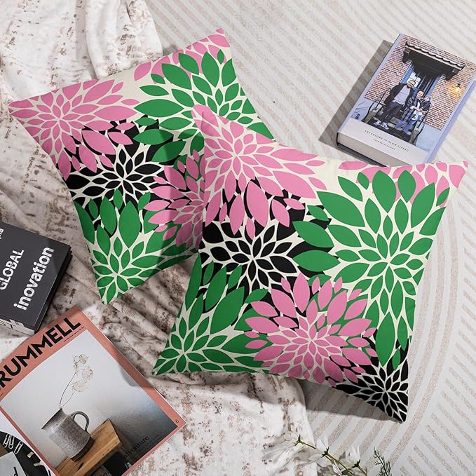 Pink Green Black Pillow Covers 18X18 Inch Set of 2, Spring Modern Geometry Dahlia Floral Print Decorative Throw Pillow Covers Outdoor Farmhouse Cushion Case for Couch Sofa Bed Decor