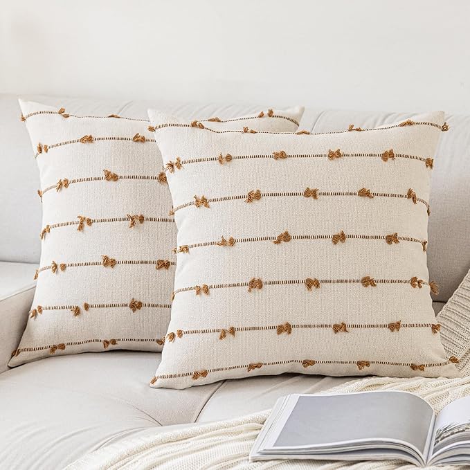 Boho Throw Pillow Covers 26x26 Set of 2 Modern Farmhouse Decorative Cushion Case Tufted Square Pillows Cover Neutral Pillow Cases Accent Pillowcase for Sofa,Couch,Bed,Beige and Brown