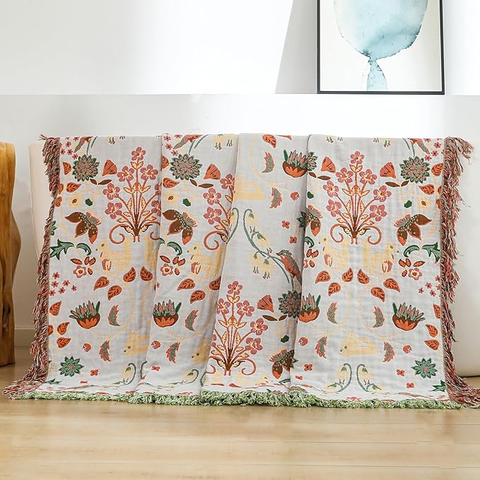 Boho Throw Blanket for Bed, 100% Cotton Ultra Soft Rustic Quilt King Blanket Florals and Animals Printed Farmhouse Decor Large Bed Blankets,90"×98" All Season Rustic Throw for Sofa Couch Chair