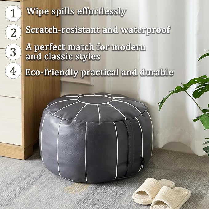 Louis Donné Unstuffed Pouf Ottoman Cover, Faux Leather Foot Stool for Foot Rest, Moroccan Style Ottomans, 21" Round Handmade Small Bean Bag Covers for Storage, Footstools for Living Room(ONLY Cover)