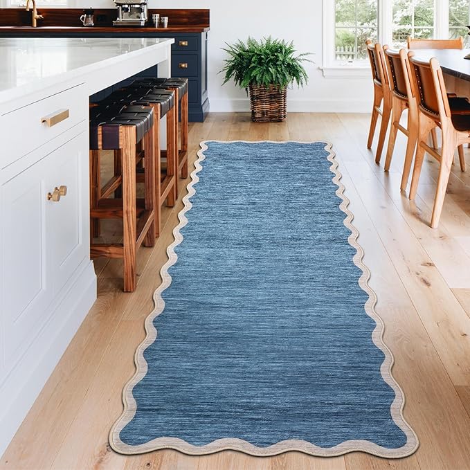 GarveeHome Scalloped Washable Runner Rugs 2x6 Rug Runner Modern Non Slip Kitchen Rugs Indoor Entryway Rug Farmhouse Soft Bath Mat Stain Resistant Carpet for Bedroom Hallway Laundry 2 ft x6 ft Blue