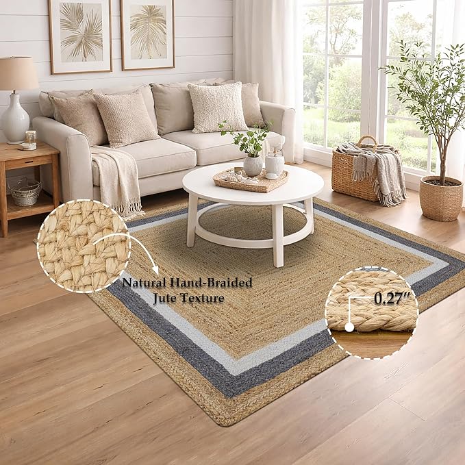 Handmade Jute Rug 4x4 ft – Natural Square Boho Rug for Living Room, Dining Area & Entryway, Hand Braided Eco-Friendly Jute Carpet for Small Spaces