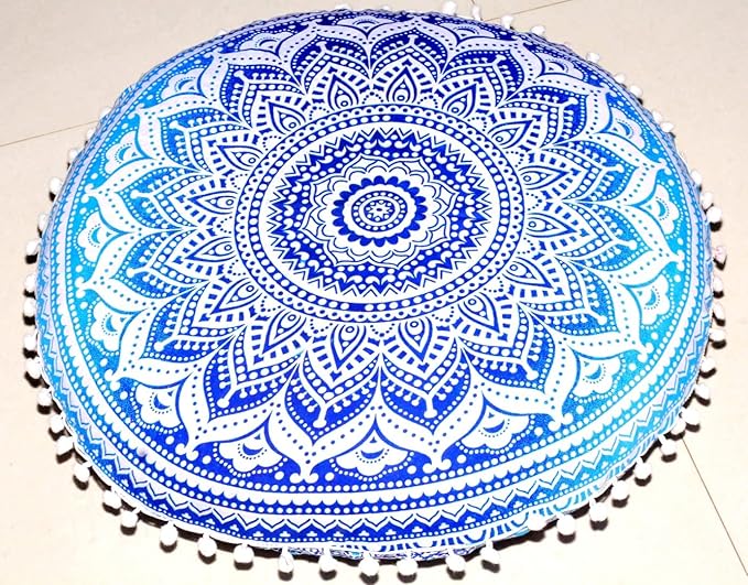CRAFT KALA Mandala Floor Pillow Cushion Cover Seating Throw Cover Hippie Decorative Bohemian Ottoman Poufs Pom Pom Pillow Cases Boho Indian Cotton Living Room Yoga Home Décor (24" Round, Blue Ombre)