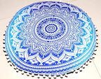 CRAFT KALA Mandala Floor Pillow Cushion Cover Seating Throw Cover Hippie Decorative Bohemian Ottoman Poufs Pom Pom Pillow Cases Boho Indian Cotton Living Room Yoga Home Décor (24" Round, Blue Ombre)
