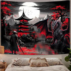 Anime Samurai Tapestry, Cool Red and Black Medieval Fantasy Dragon Tapestry Wall Hanging for Men, Mountain Forest Nature Sunset Dark Asia Japanese Tapestries Aesthetic for Living Room College, 40X30
