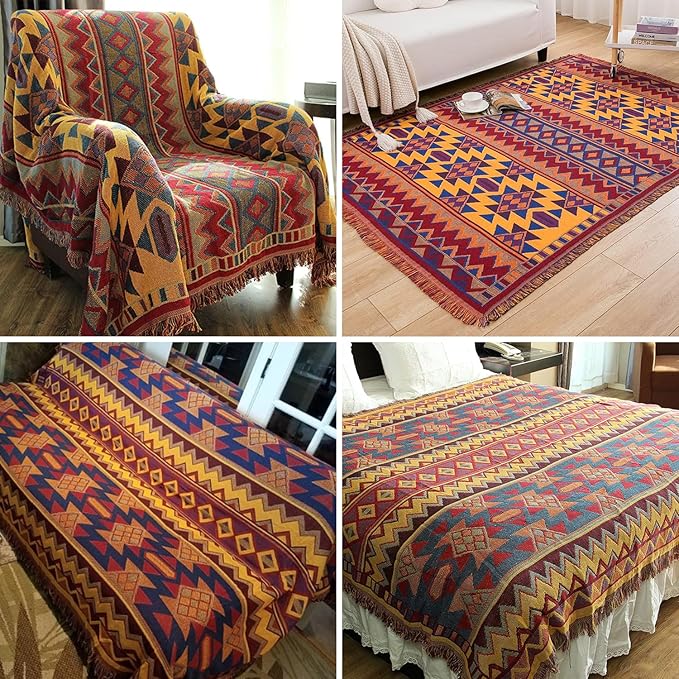 Boho Throw Blankets Reversible Woven Blankets Cover Hippie for Couch Bed Recliner Sofa Bohemian Tapestry Colorful Furniture Protector Cover for Home Décor, Astrology, Double Side, 70"x90"