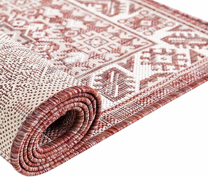 Rugs.com Outdoor Aztec Collection Rug – 5x7 Rust Red Flatweave-Pile Rug Perfect for Living Rooms, Large Dining Rooms, Open Floorplans