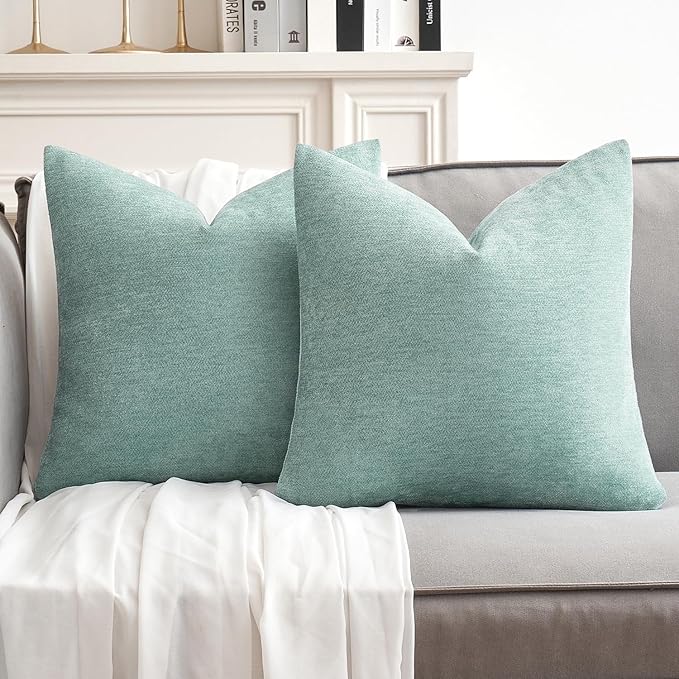 MIULEE Pack of 2 Aqua Green Decorative Pillow Covers 18x18 Inch Soft Chenille Couch Spring Throw Pillows Farmhouse Cushion Covers for Home Decor Sofa Bedroom Living Room