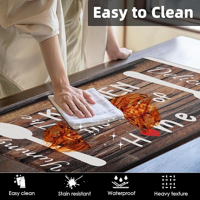 Arttown Brown Farmhouse Anti-Fatigue Kitchen Rug Set of 2 Knife Fork Home Wooden Vintage Cushioned Floor Standing Mat Waterproof Non-Slip Kitchen Mat and PVC Ergonomic Comfort Foam Rug
