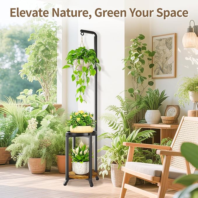 LASZOLA Black 2 Tier 61.5 Inch Tall Plant Stand Indoor with Hanging Ring, Large Heavy Duty Metal Vertical Corner Rack for Multiple Planter, Sturdy Rustic Flower Shelf Holder Organizer for House Patio