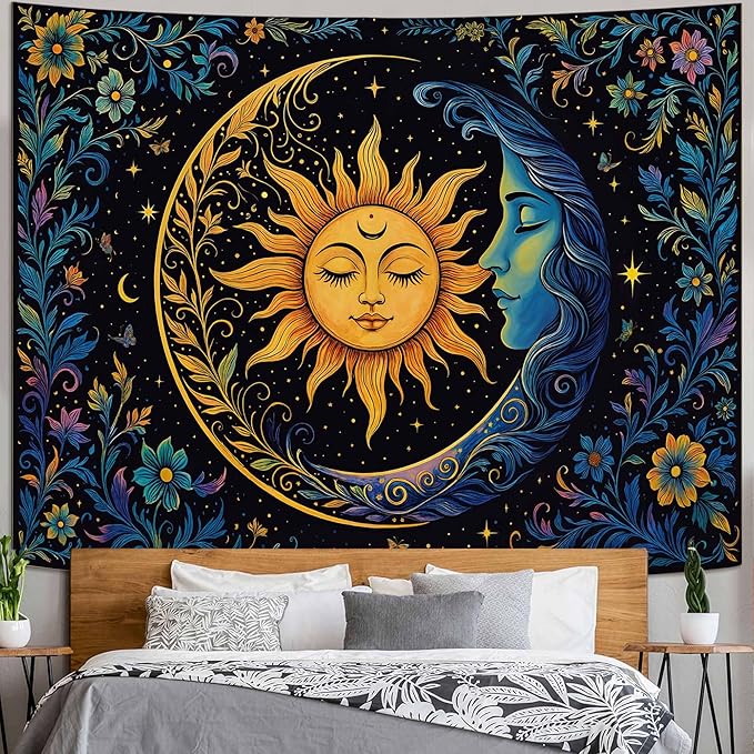 Accnicc Sun and Moon Tapestry for Bedroom Hippie Boho Floral Wall Tapestry Aesthetic Vintage Flower Plant Celestial Spiritual Large Tapestries Wall Hanging for Living Room Dorm 80 x 60 Inch