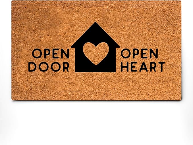 PLUS Haven Coconut Coir Home Entrance Door Mat – 17.5" x 30" | Open Door Open Heart Heavy-Duty Doormat for Indoor & Outdoor Use | Durable & Eco-Friendly