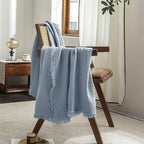 FOSSA Muslin Blanket with Fringe - 4-Layer 100% Cotton Gauze Super Soft & Breathable Throw -Lightweight Decorative Cooling Blanket for Bed, Sofa, Office (Cornflower Blue, Twin XL (66" × 90"))