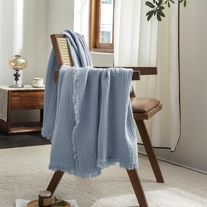 FOSSA Muslin Blanket with Fringe - 4-Layer 100% Cotton Gauze Super Soft & Breathable Throw -Lightweight Decorative Cooling Blanket for Bed, Sofa, Office (Cornflower Blue, Super King (108" × 98"))