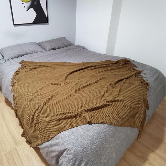 LOMAO Knitted Throw Blanket with Tassels Bubble Textured Lightweight Throws for Couch Cover Home Decor (Khaki, 60x80)