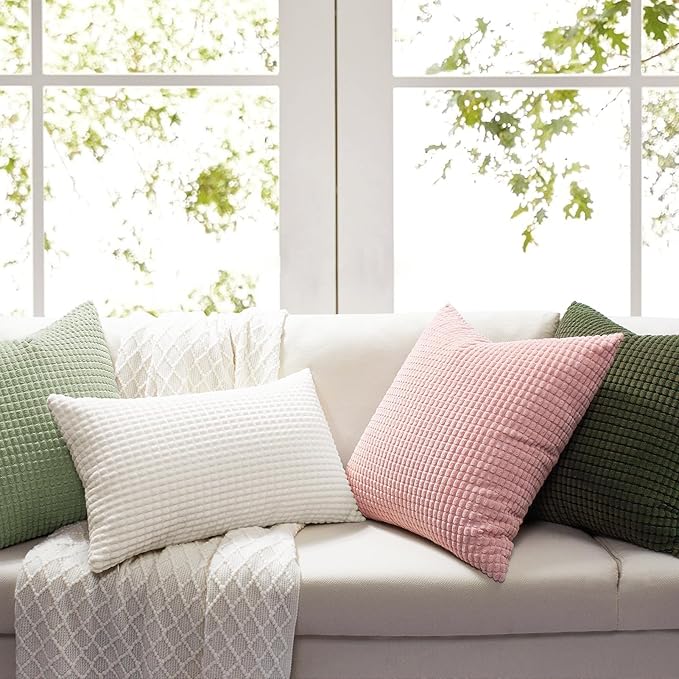 Softalker Throw Pillow Covers 16x16 Inch, Set of 2, Soft Corduroy Boho Stripe Decorative Pillow Cover, Couch Fluffy Pillow Cover for Farmhouse Home Decor Bed Living Room, Cream