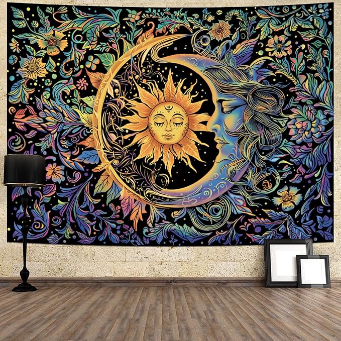 Sun and Moon Tapestry Psychedelic Mystic Floral Tapestry Hippie Boho Flower Plants Wall Tapestries Vintage Aesthetic Tapestries Wall Hanging for Bedroom