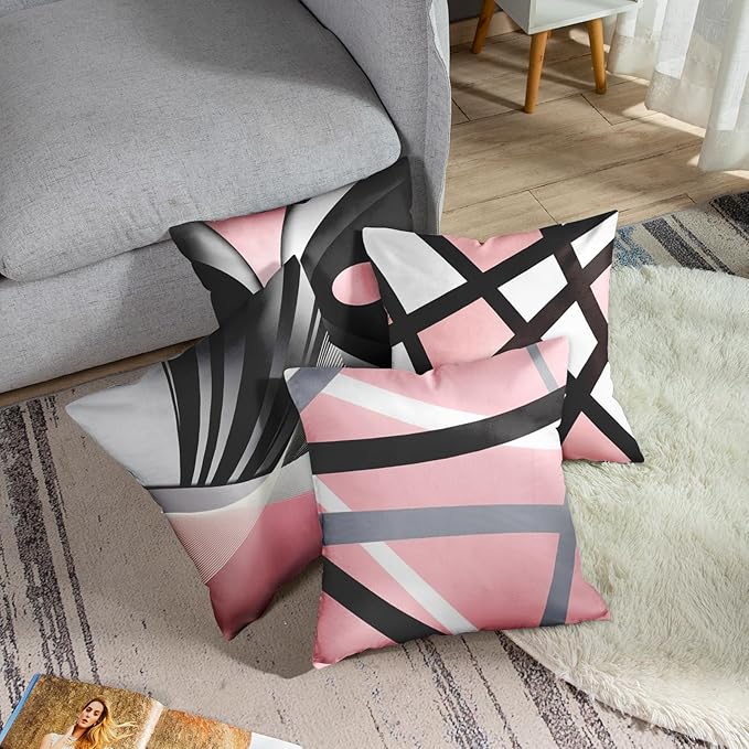 Emvency Set of 4 Soft Pink Throw Pillow Covers Modern Abstract Black Grey Stripes Gray White Acrylic Bold Decorative Pillow Cases Home Decor Square 18x18 Inches Pillowcases
