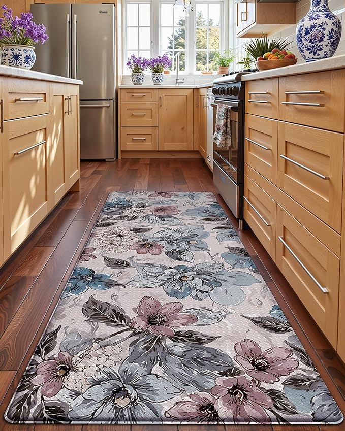 DEXI Kitchen Mats for Floor, 23x59, Cushioned Standing Mat Anti Fatigue, Wide Waterproof Comfort Floral Padded for Laundry Room Office, Pink and Teal