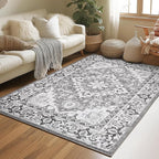 Lessymo 4 x 6 Area Rugs for Living Room- Machine Washable Area Rugs Boho Faux Wool Low Pile Area Rug for Bedroom Floral Medallion Vintage Rugs with Non-Slip Rubber, Grey Beige