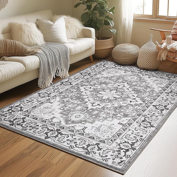 Lessymo 4 x 6 Area Rugs for Living Room- Machine Washable Area Rugs Boho Faux Wool Low Pile Area Rug for Bedroom Floral Medallion Vintage Rugs with Non-Slip Rubber, Grey Beige
