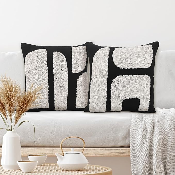 2 Pcs Black White Throw Pillow Covers Boho Chunky Tufted Pillow Cover 18 x 18 Inches Modern Woven Decorative Pillows Cases Abstract Pillows Sham for Living Room Bed Sofa Couch
