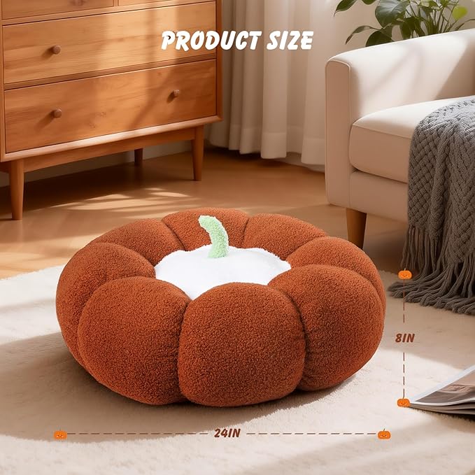 24 Inch Pumpkin Floor Cushion – Large Plush Round Pillow Seat for Living Room, Meditation, Reading & Relaxation – Versatile Seating, Back Support & Pet Bed - Cozy Aesthetic Home Deco