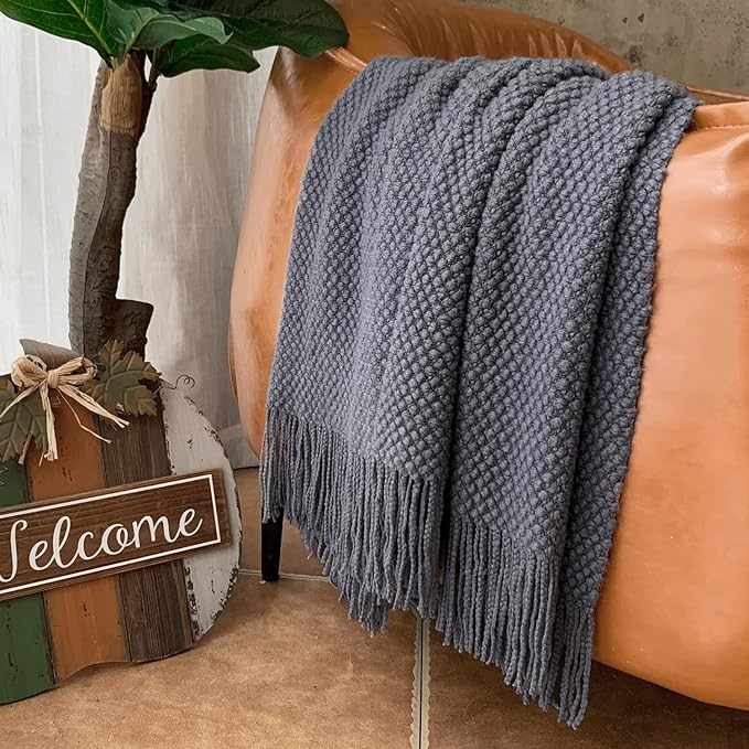 LOMAO Knitted Throw Blanket with Tassels Bubble Textured Soft Lightweight Throws for Couch Cover Home Decor (Dark Grey, 50x60)
