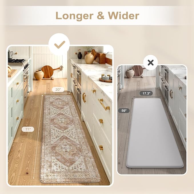 KIMODE Anti Fatigue Kitchen Mats Cushioned, Boho Oriental Kitchen Runner Rug 20"x71", Non Slip Waterproof Kitchen Mat for Floor, Comfort Foam Standing Desk Mat for Laundry Office Sink Khaki