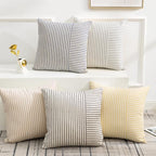 YCOLL Farmhouse Pillow Covers 18x18, Modern Accent Square Throw Pillow Covers Set of 2, Gray and Beige Striped Patchwork Linen Decorative Pillows Cushion Covers for Couch Chair Bedroom Home Decor