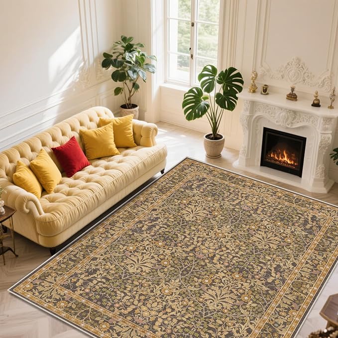 8x10 Washable Area Rugs for Living Room, Stain Resistant Vintage Rugs for Dining Room Under Kitchen Table, Bedroom, Floral Low Pile Non-Slip Large Carpet (8 x 10 Goldenrod)