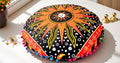 CRAFT KALA Large Round Bohemian Floor Pillow Pouf Cover Mandala Meditation Room Pillow Cover for Adults Boho Seating Poufs Cushion Cover for Kids Playroom 32" Round Orange Burning Sun