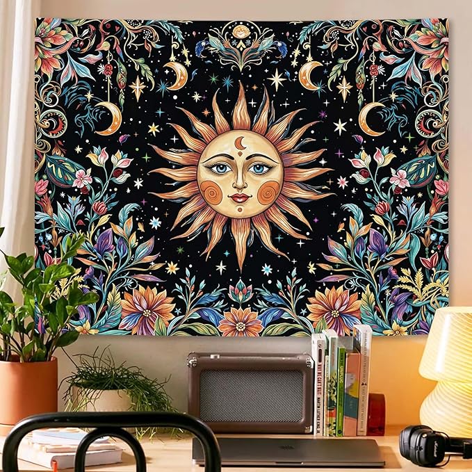 Aipon Sun and Moon Tapestry Hippie Boho Floral Wall Tapestry for Bedroom Aesthetic Colorful Flowers Vintage Celestial Botanical Plant Small Tapestries Wall Hanging for Living Room Dorm 60 x 44 Inch