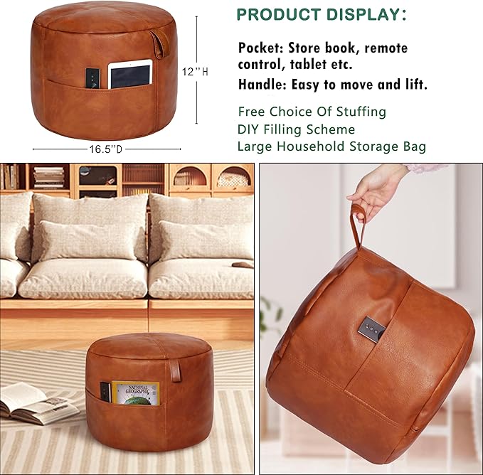 Thgonwid Unstuffed Faux Leather Pouf Cover Handle, Footstool Ottoman Storage Solution, Floor Footrest Cushion, 16.5”Dx12”H, No Filler, (Pocket-Handle) Amaretto