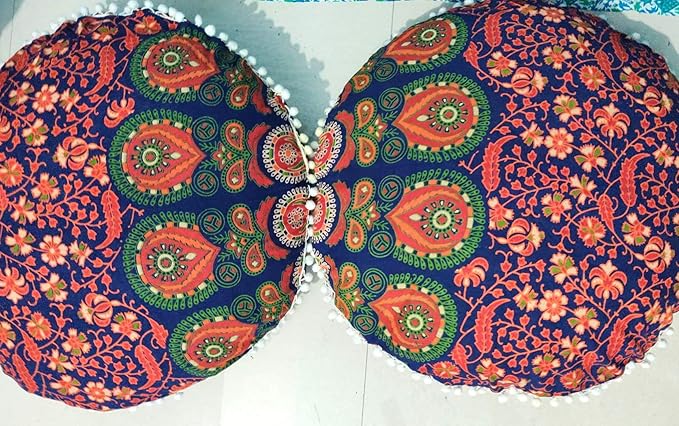CRAFT KALA Mandala Floor Pillow Cushion Cover Seating Throw Cover Hippie Decorative Bohemian Ottoman Poufs Pom Pom Pillow Cases Indian Cotton Living Room Home Décor 24" Round Set of 2, Multi Peacock