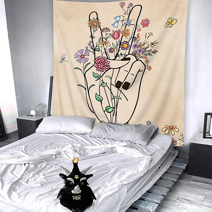 SVBright Peace and Love Beige Tapestry Abstract Hand Flower Botanical Wall Hanging 51Wx59H Inch Minimalist Hippie Floral Line Art Colorful Modern Finger Home Decor for Living Room Bedroom Dorm Fabric