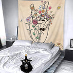 SVBright Peace and Love Beige Tapestry Abstract Hand Flower Botanical Wall Hanging 51Wx59H Inch Minimalist Hippie Floral Line Art Colorful Modern Finger Home Decor for Living Room Bedroom Dorm Fabric