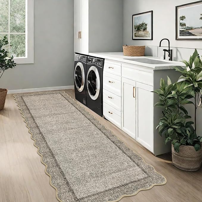 GarveeHome Scalloped Washable Runner Rug 2x6 Runner Non Slip Kitchen Rugs Modern Brown Entryway Rug Farmhouse Soft Bathroom Rugs Stain Resistant Carpet for Hallway Laundry Bedroom 2 ft x6 ft Brown