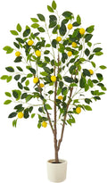 Artificial Lemon Tree, 5ft Tall Fake Lemon Silk Plant with White Planter, Faux Lemon Plastic Fruit Tree for Indoor Home Decor Office Garden