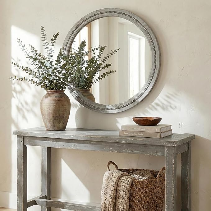 30 Inch Round Farmhouse Mirror for Bathroom Vanity, Distressed Grey Solid Wood Wall Mirror - Rustic Weathered Gray Beaded Circle Mirror for Industrial Decor