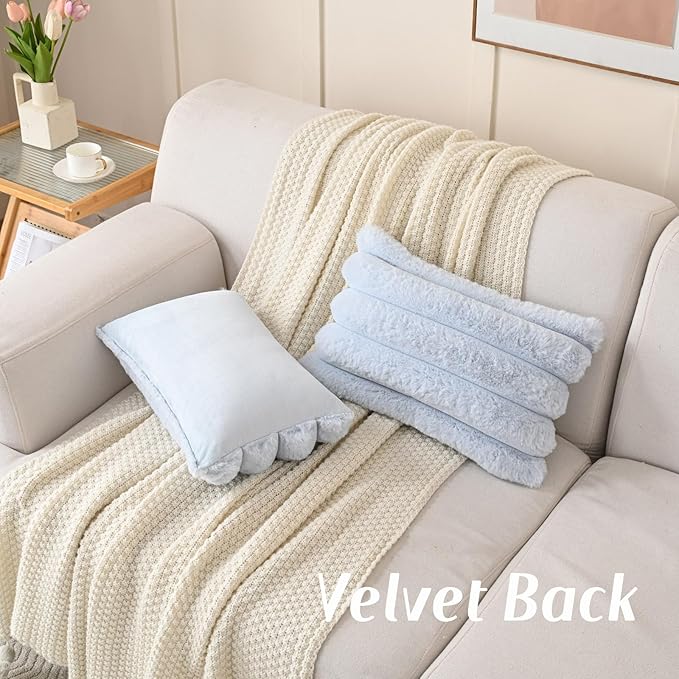 FUTEI Light Blue Decorative Throw Pillow Covers 12x20 Inch Set of 2, Square Soft Faux Rabbit Fur Thick Striped Lumbar Pillow Case,Spring Home Decor for Couch Bed Living Room